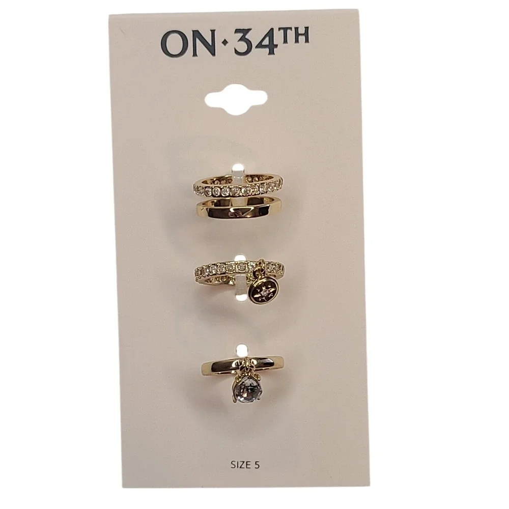 ON 34TH Womens Gold Tone Set 3 Rings Size 5 Clear Stone Charm Compass